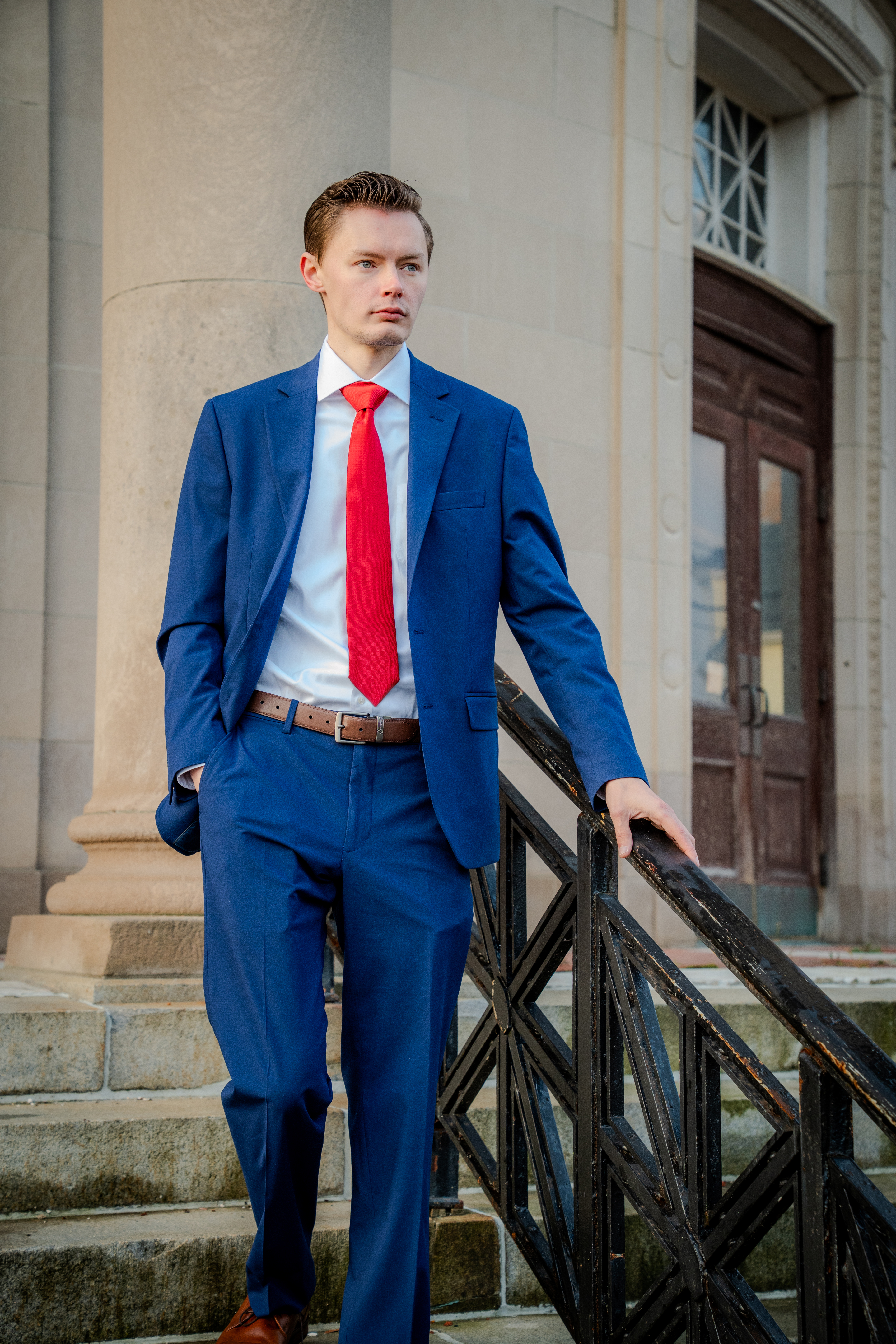 Shawn Packard on the steps of a public building